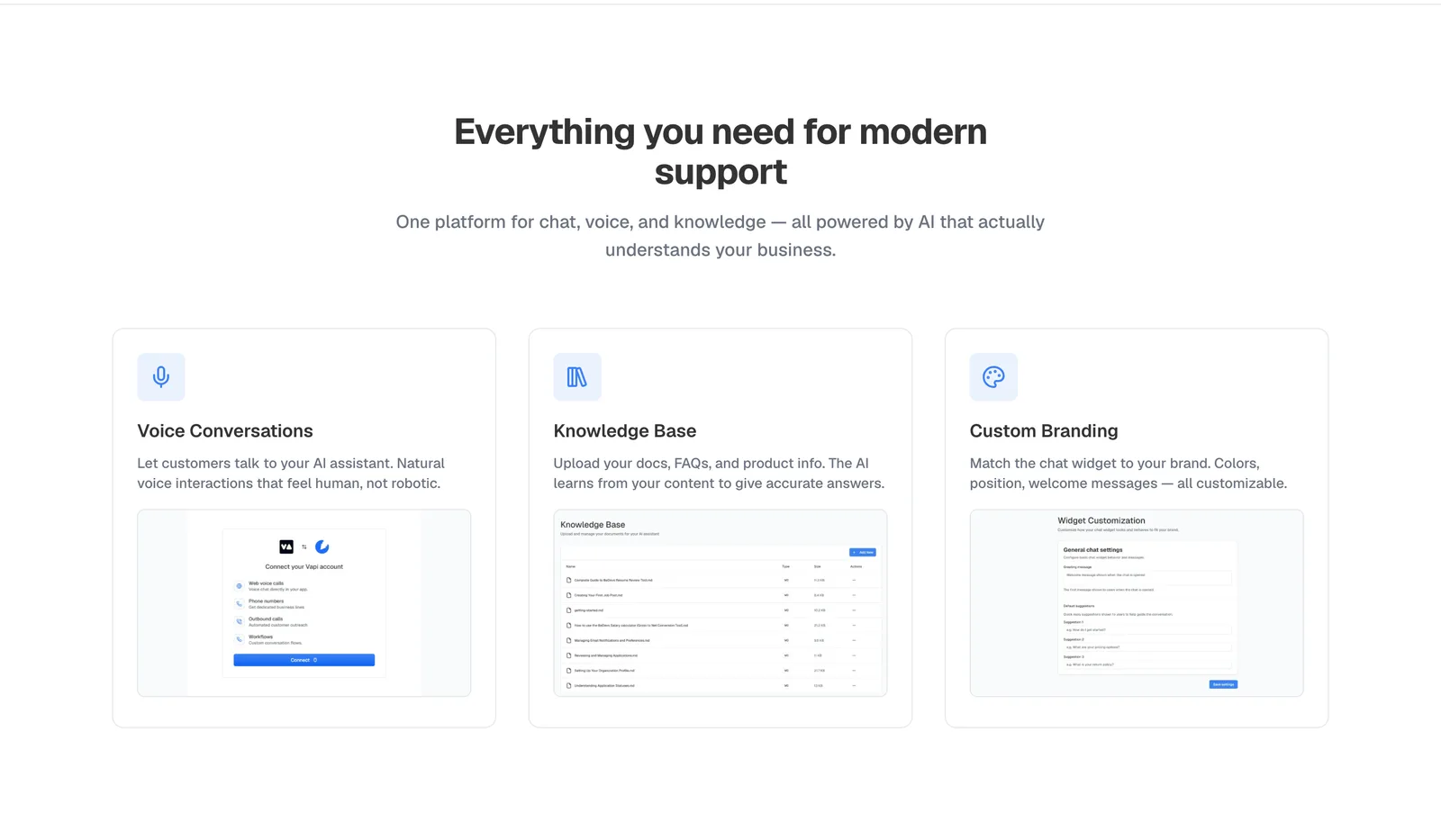 Many Support features: voice conversations, knowledge base and custom branding