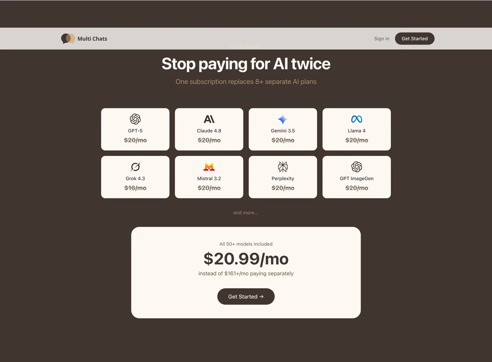 One Multi Chats subscription replaces separate GPT, Claude, Gemini and Llama plans