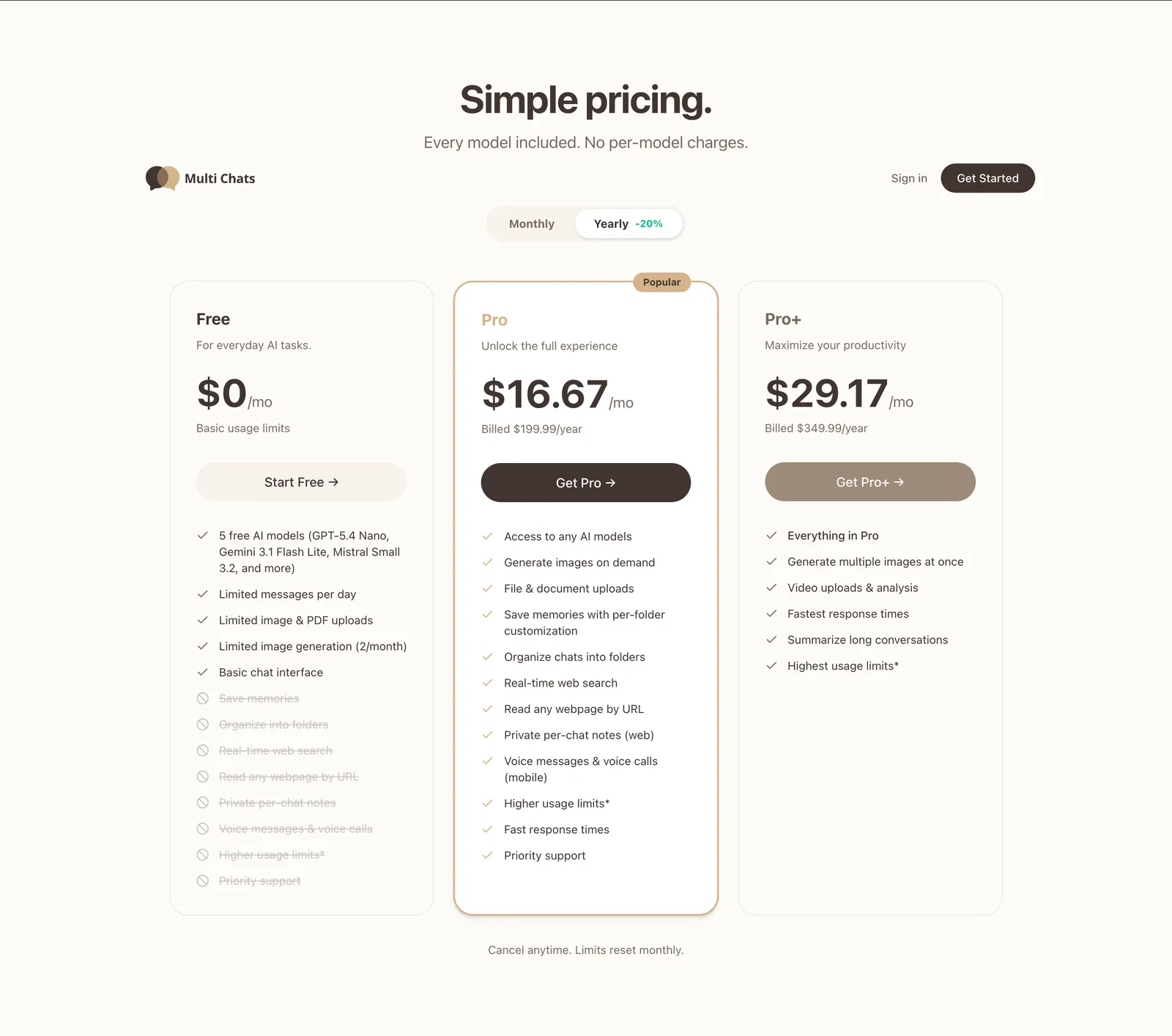 Multi Chats pricing: all 50+ models included under one subscription