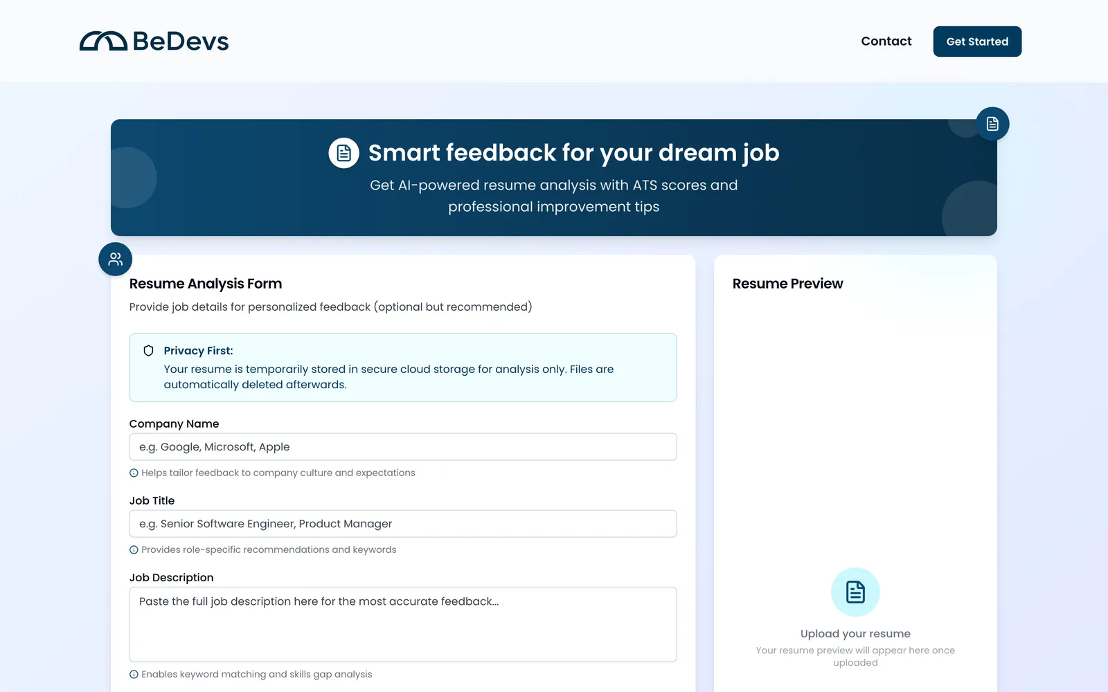 BeDevs free AI resume review tool